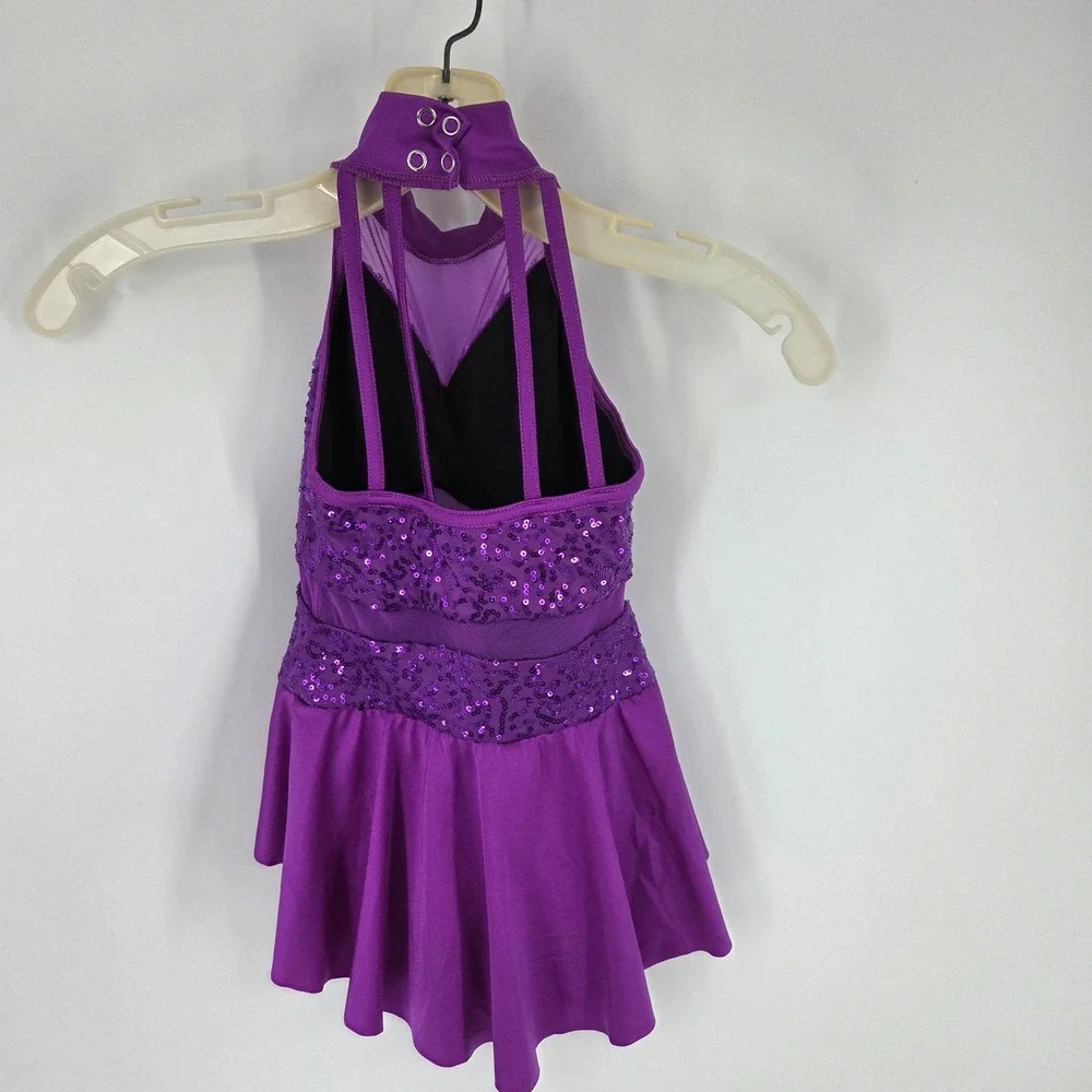 Weissman Purple Sequin Mock Neck Halter Dance Costume Skirted Leotard Kids SC